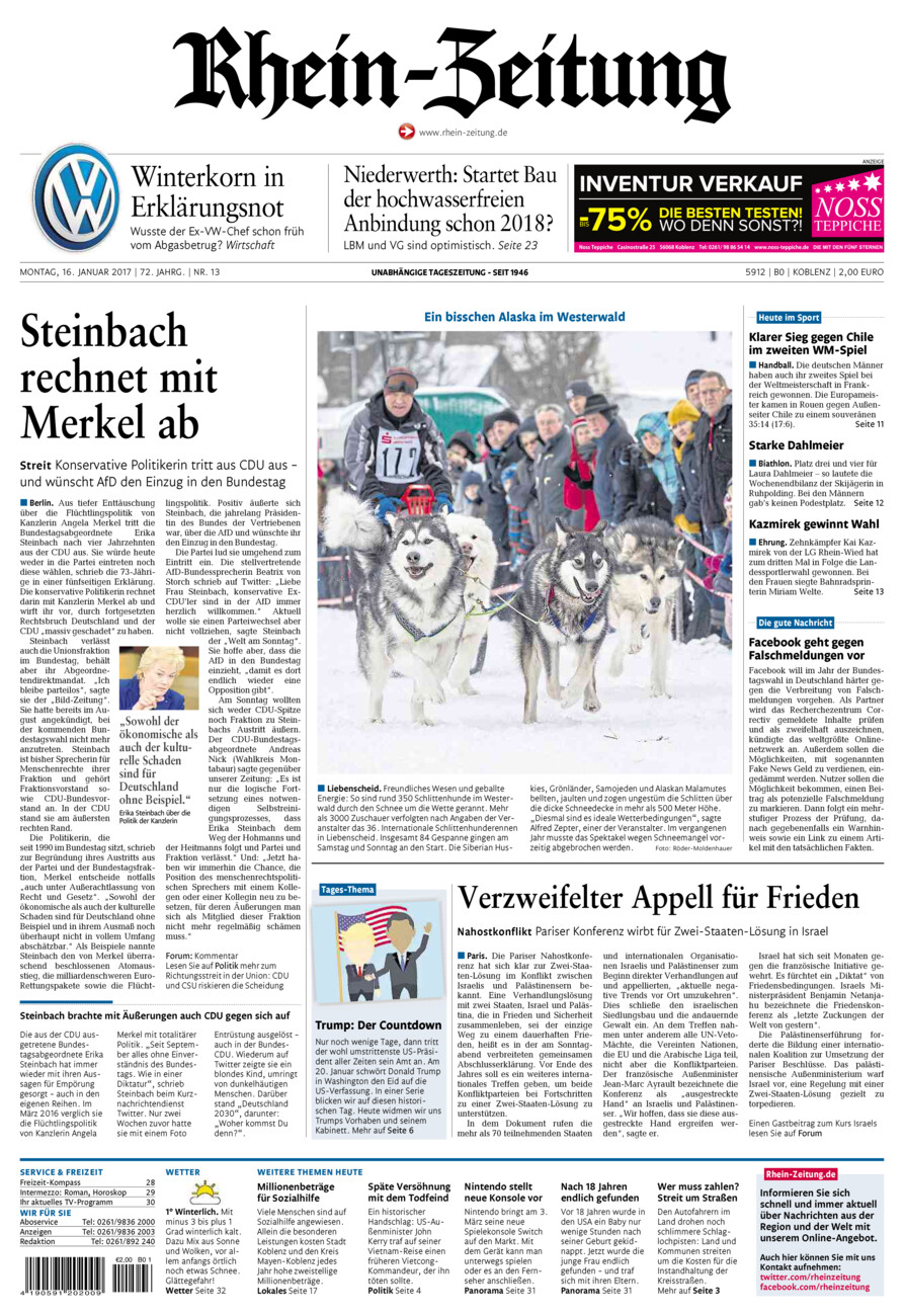 Rhein-Zeitung Koblenz & Region vom Montag, 16.01.2017