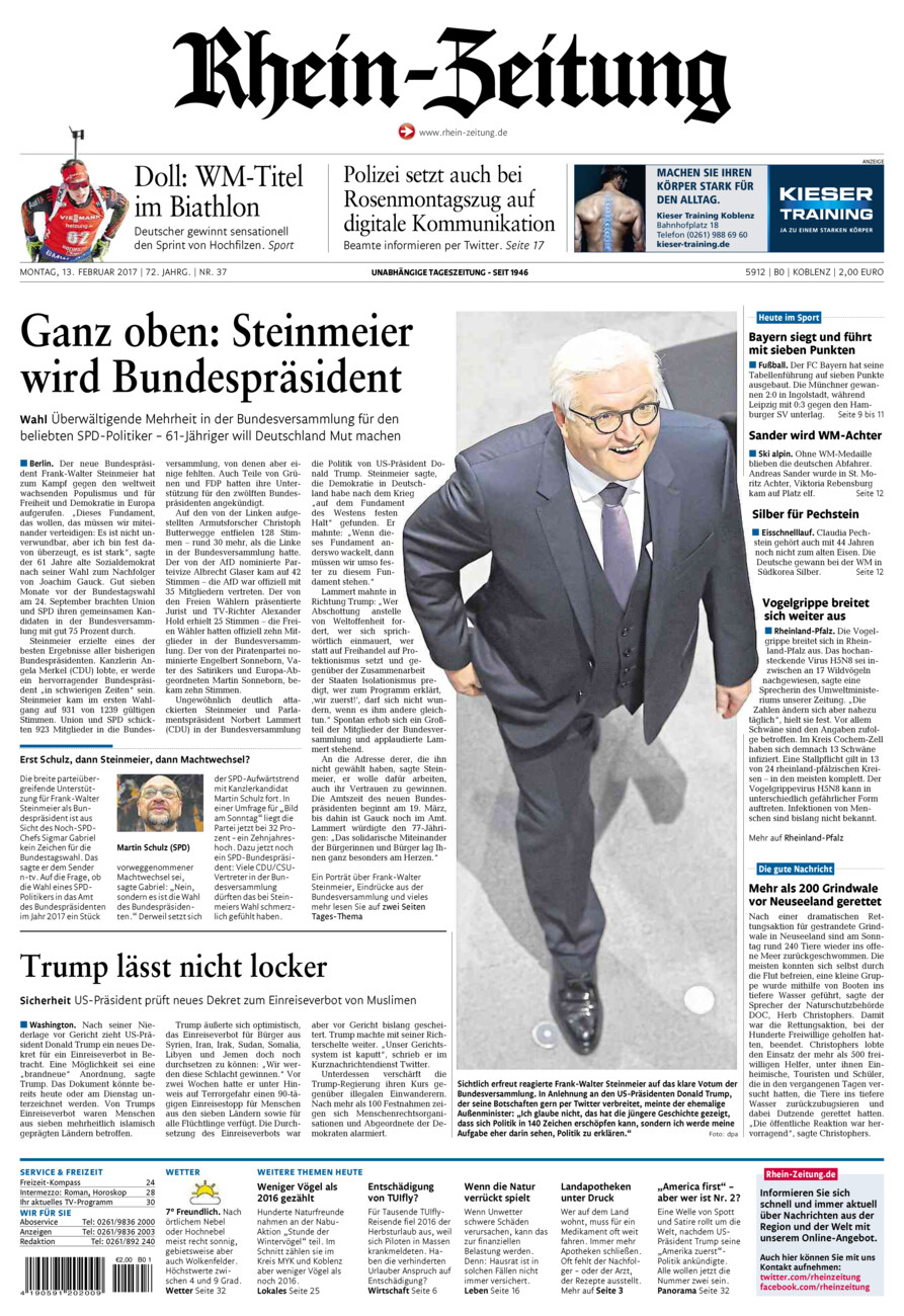 Rhein-Zeitung Koblenz & Region vom Montag, 13.02.2017