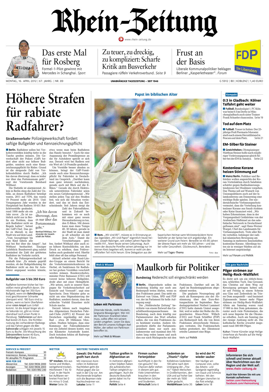 Rhein-Zeitung Koblenz & Region vom Montag, 16.04.2012