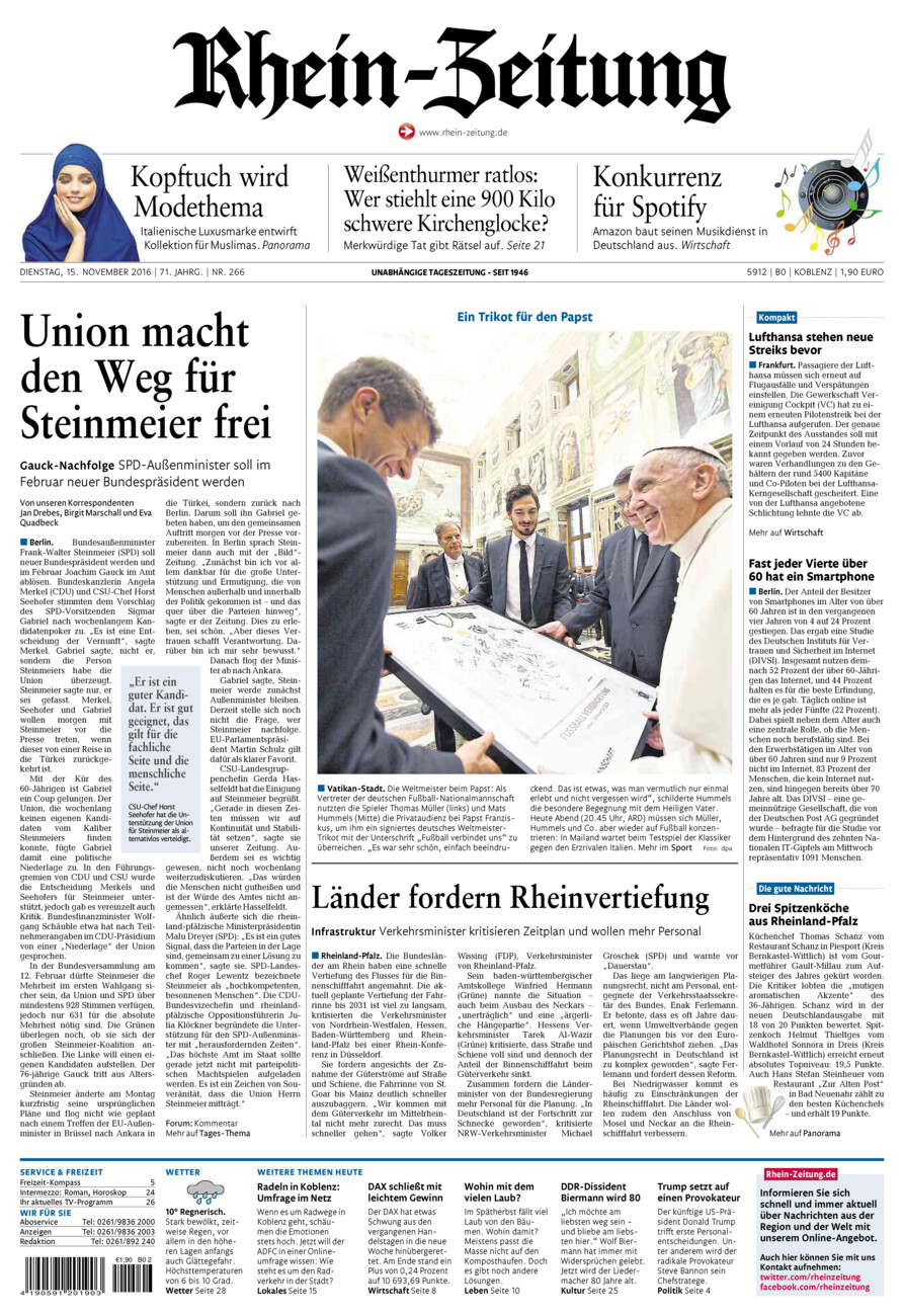 Rhein-Zeitung Koblenz & Region vom Dienstag, 15.11.2016