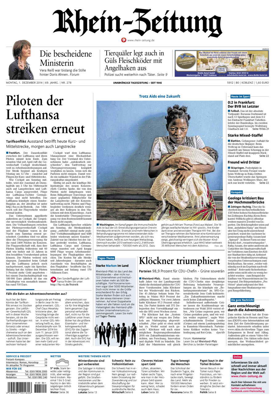 Rhein-Zeitung Koblenz & Region vom Montag, 01.12.2014
