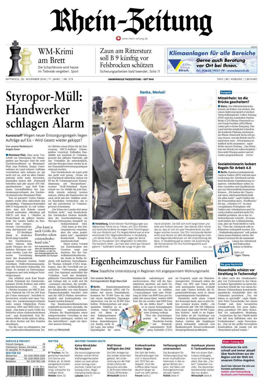 Rhein-Zeitung Koblenz & Region vom Mittwoch, 30.11.2016