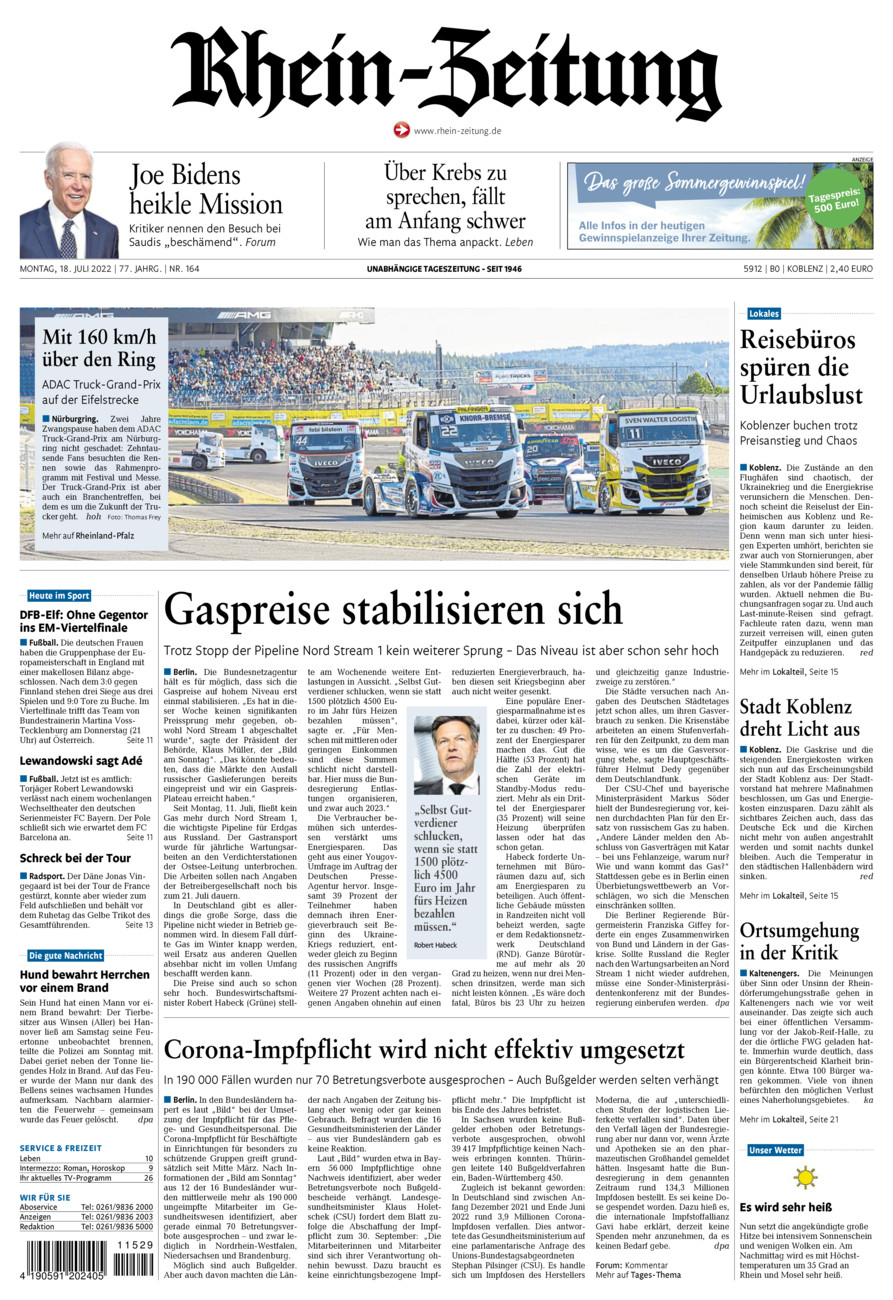 Rhein-Zeitung Koblenz & Region vom Montag, 18.07.2022