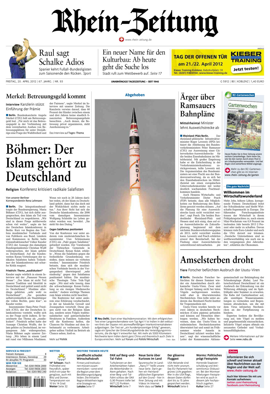 Rhein-Zeitung Koblenz & Region vom Freitag, 20.04.2012