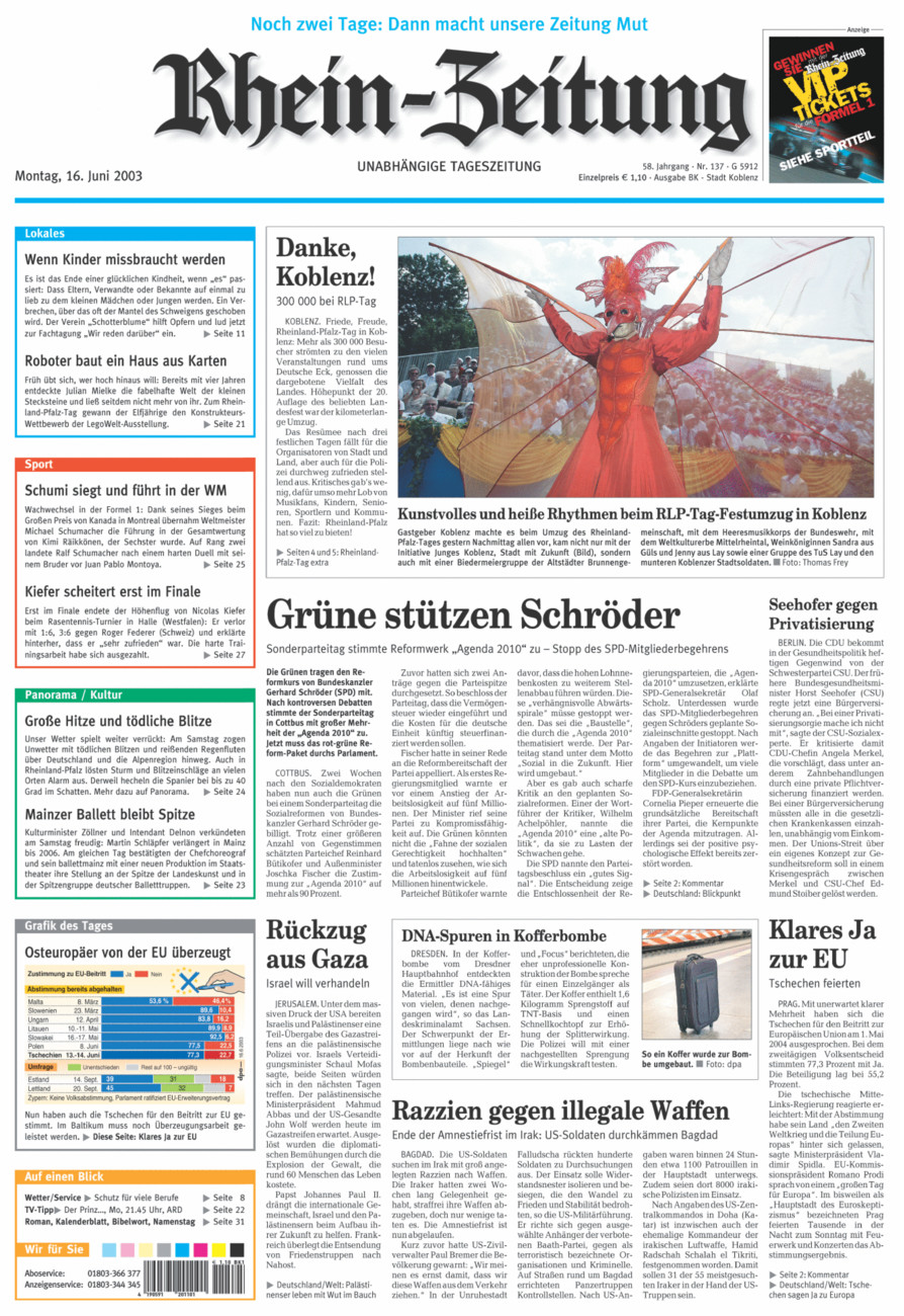 Rhein-Zeitung Koblenz & Region vom Montag, 16.06.2003