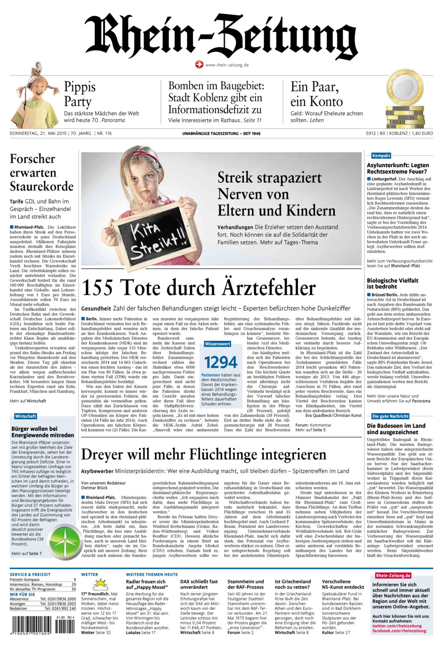 Rhein-Zeitung Koblenz & Region vom Donnerstag, 21.05.2015