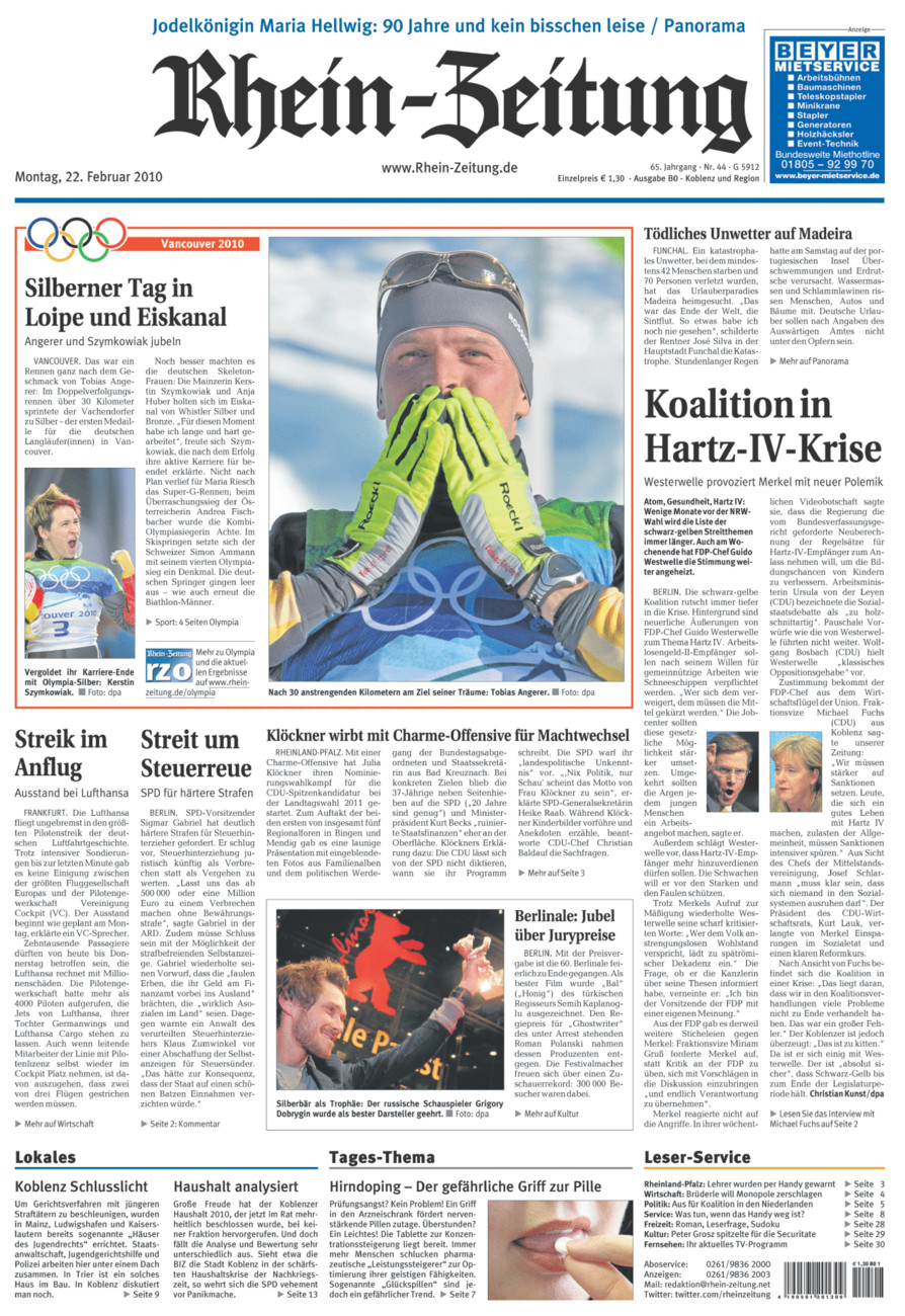 Rhein-Zeitung Koblenz & Region vom Montag, 22.02.2010