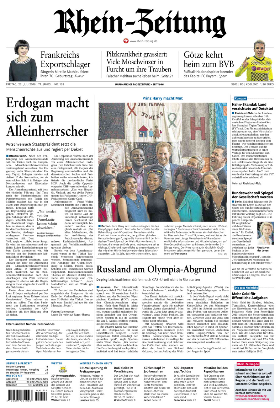 Rhein-Zeitung Koblenz & Region vom Freitag, 22.07.2016