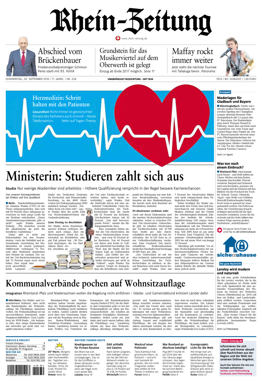 Rhein-Zeitung Koblenz & Region vom Donnerstag, 29.09.2016