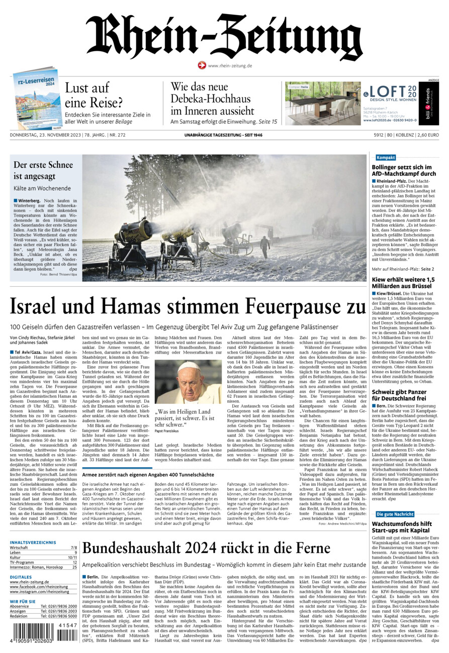 Rhein-Zeitung Koblenz & Region vom Donnerstag, 23.11.2023