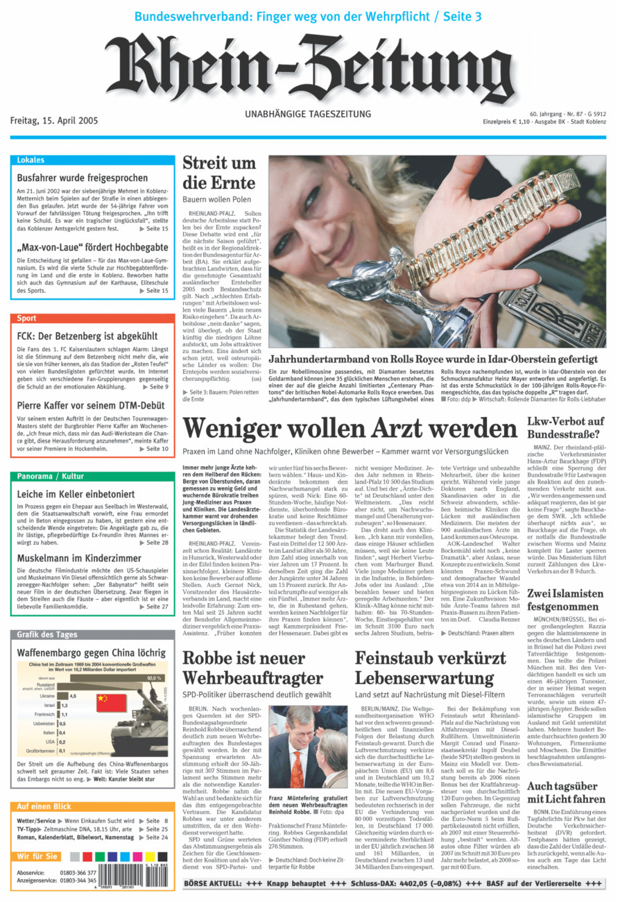 Rhein-Zeitung Koblenz & Region vom Freitag, 15.04.2005