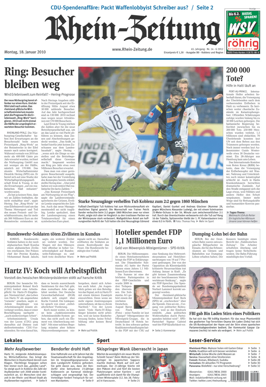 Rhein-Zeitung Koblenz & Region vom Montag, 18.01.2010