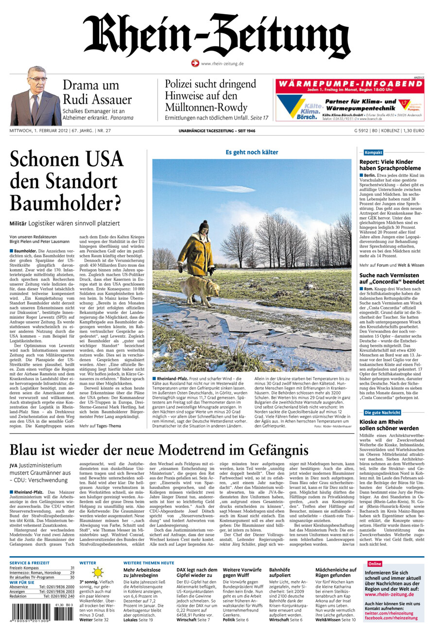 Rhein-Zeitung Koblenz & Region vom Mittwoch, 01.02.2012