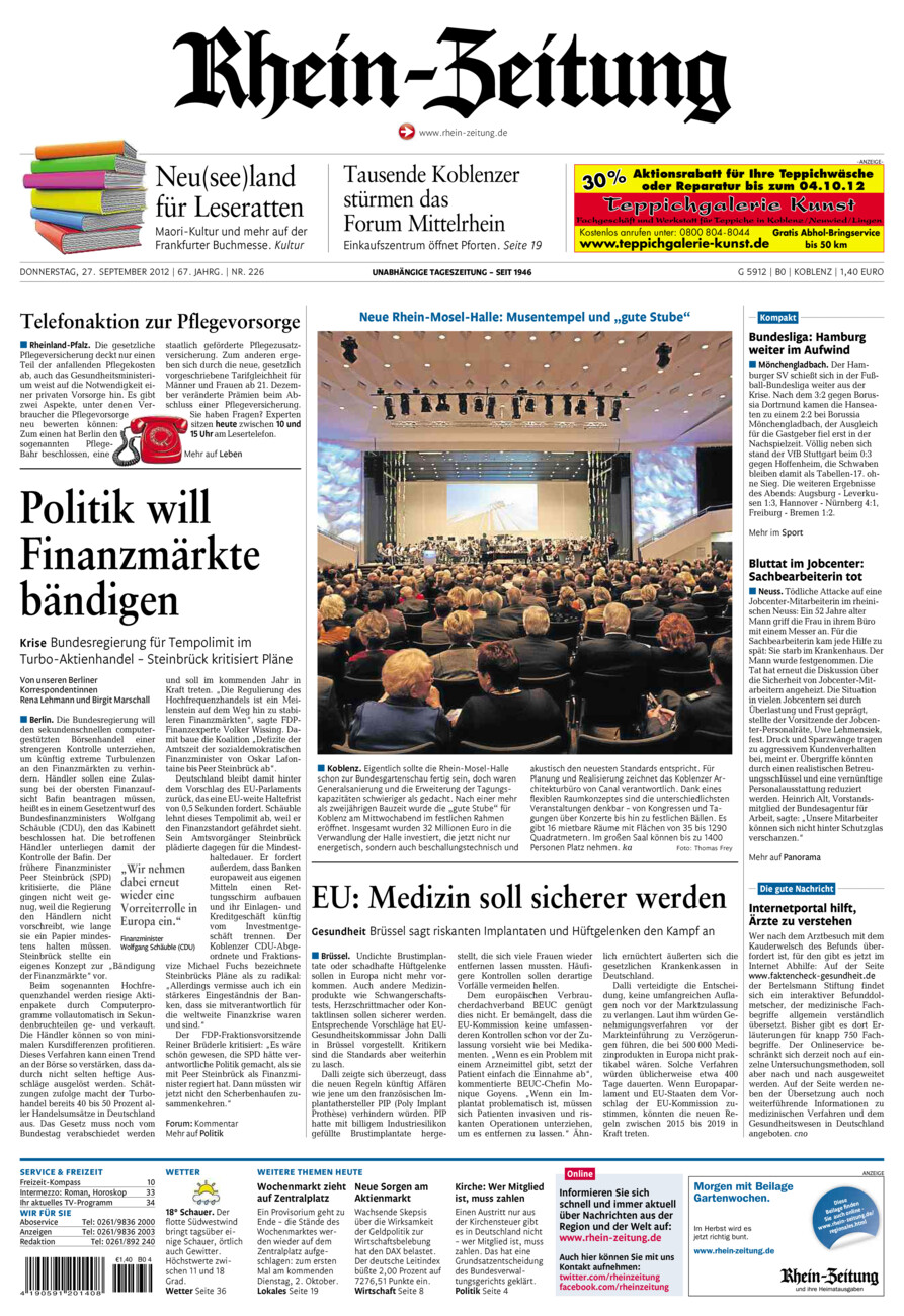 Rhein-Zeitung Koblenz & Region vom Donnerstag, 27.09.2012