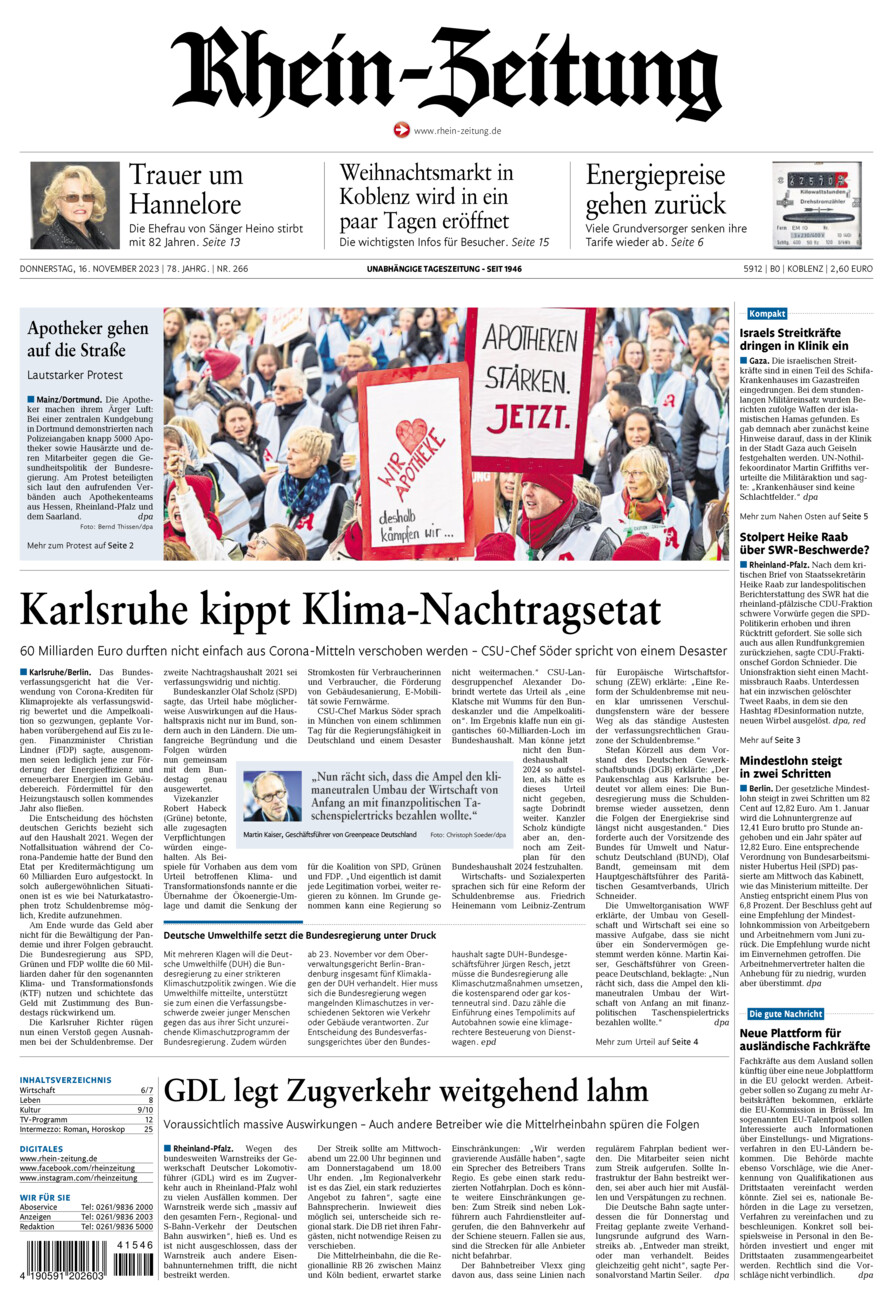 Rhein-Zeitung Koblenz & Region vom Donnerstag, 16.11.2023
