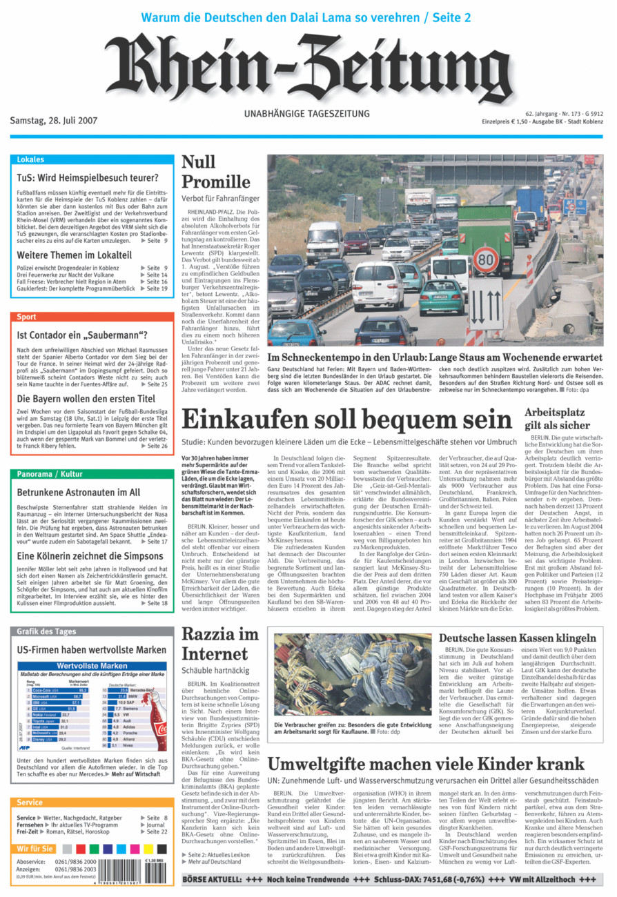 Rhein-Zeitung Koblenz & Region vom Samstag, 28.07.2007