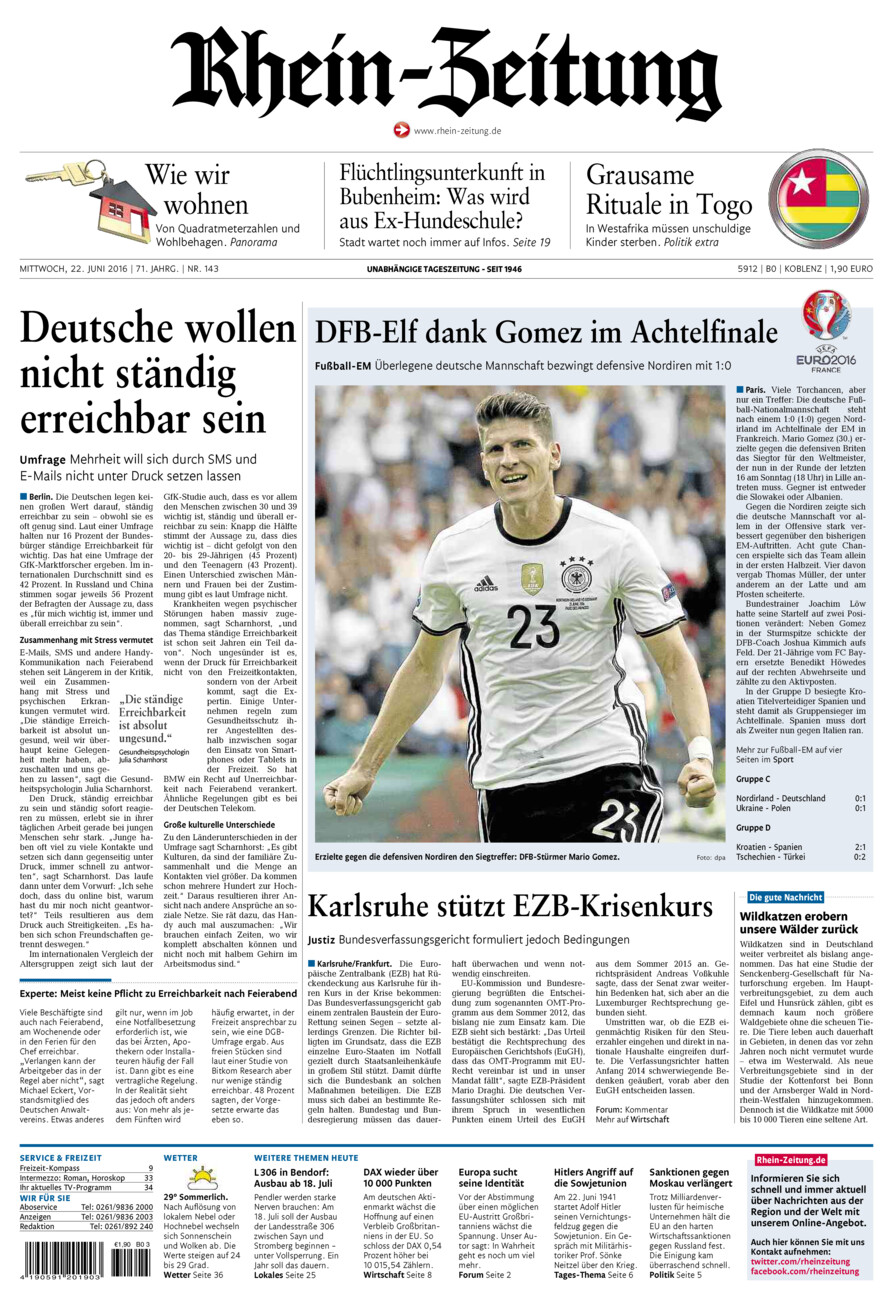 Rhein-Zeitung Koblenz & Region vom Mittwoch, 22.06.2016