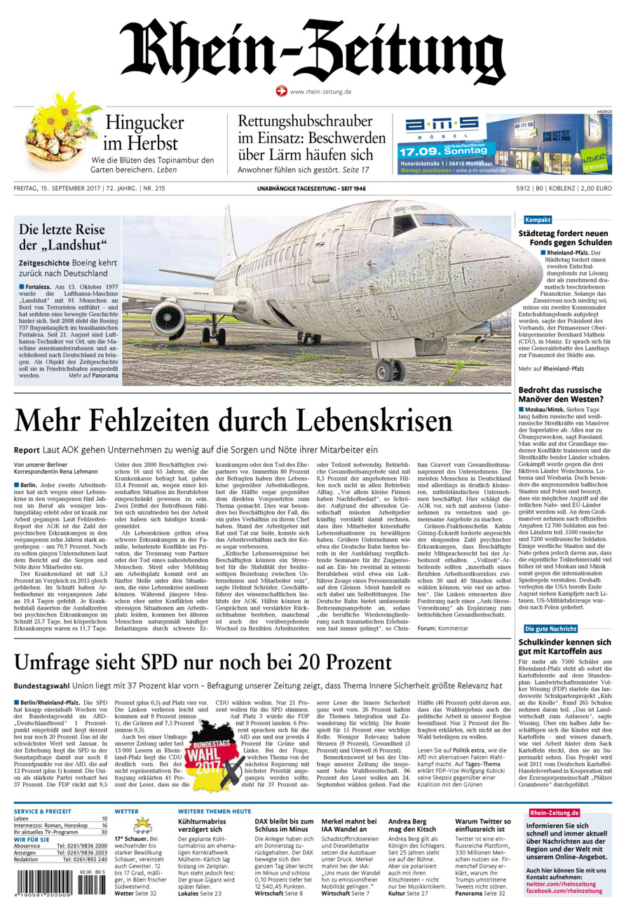 Rhein-Zeitung Koblenz & Region vom Freitag, 15.09.2017