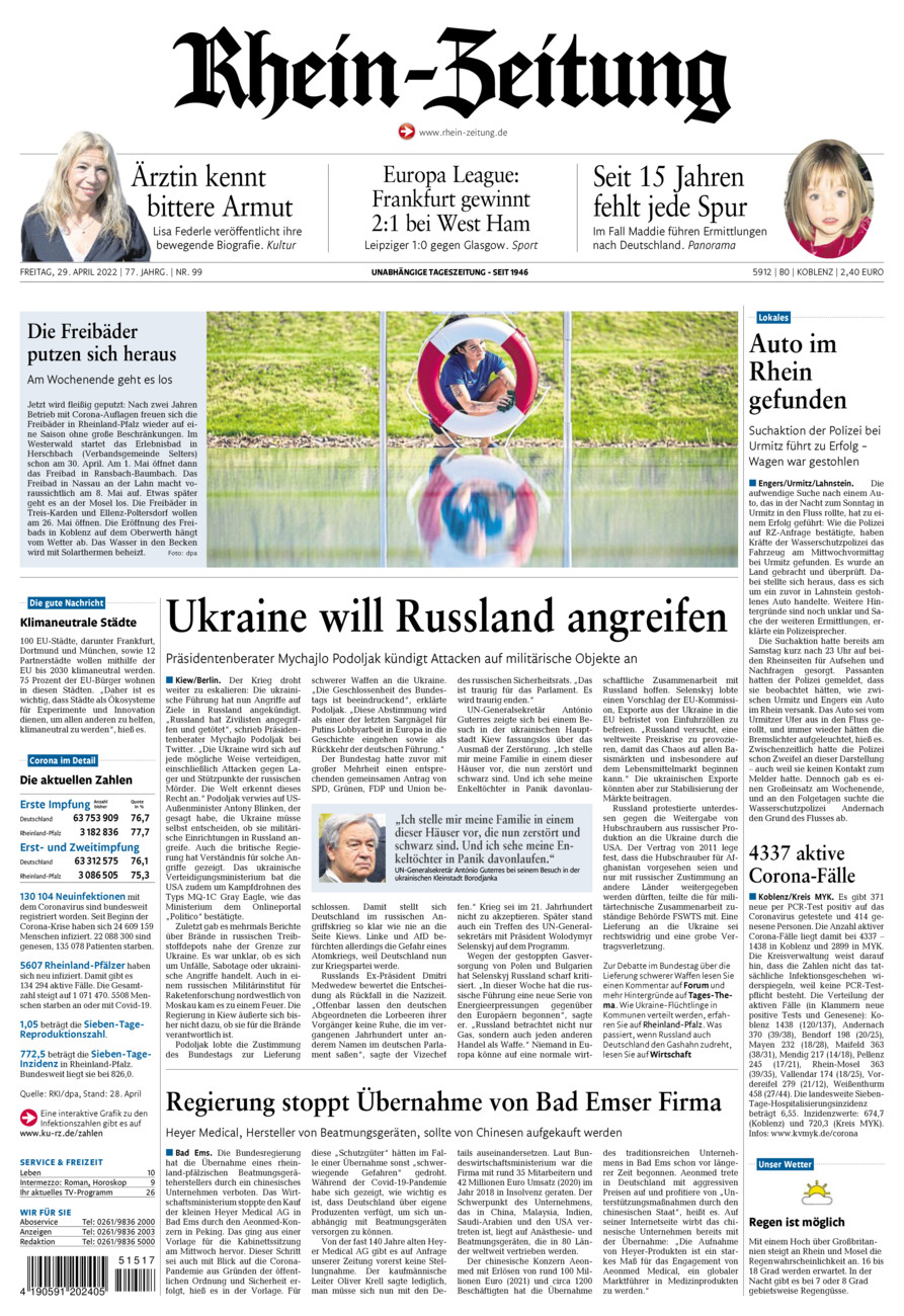 Rhein-Zeitung Koblenz & Region vom Freitag, 29.04.2022