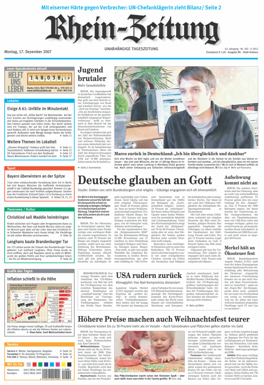 Rhein-Zeitung Koblenz & Region vom Montag, 17.12.2007