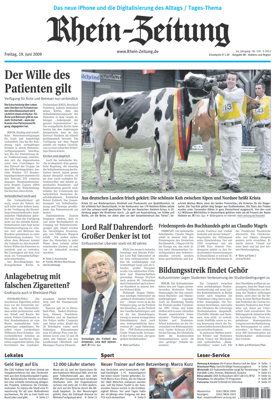 Rhein-Zeitung Koblenz & Region vom Freitag, 19.06.2009
