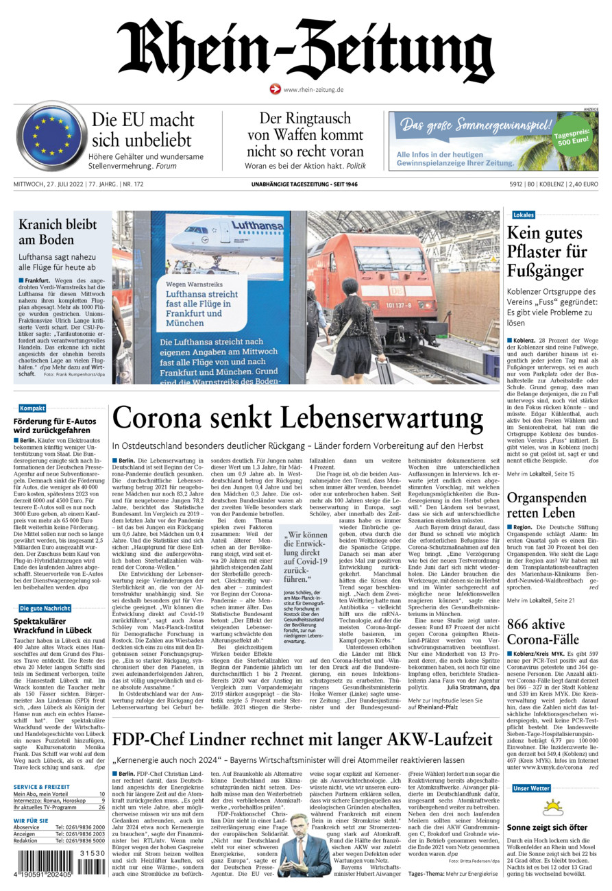 Rhein-Zeitung Koblenz & Region vom Mittwoch, 27.07.2022