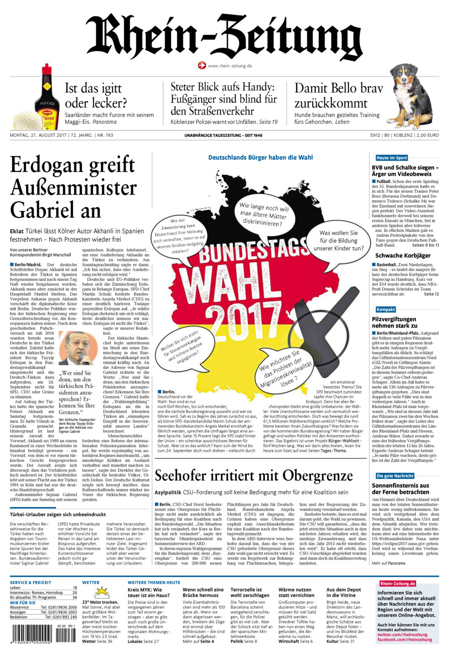 Rhein-Zeitung Koblenz & Region vom Montag, 21.08.2017