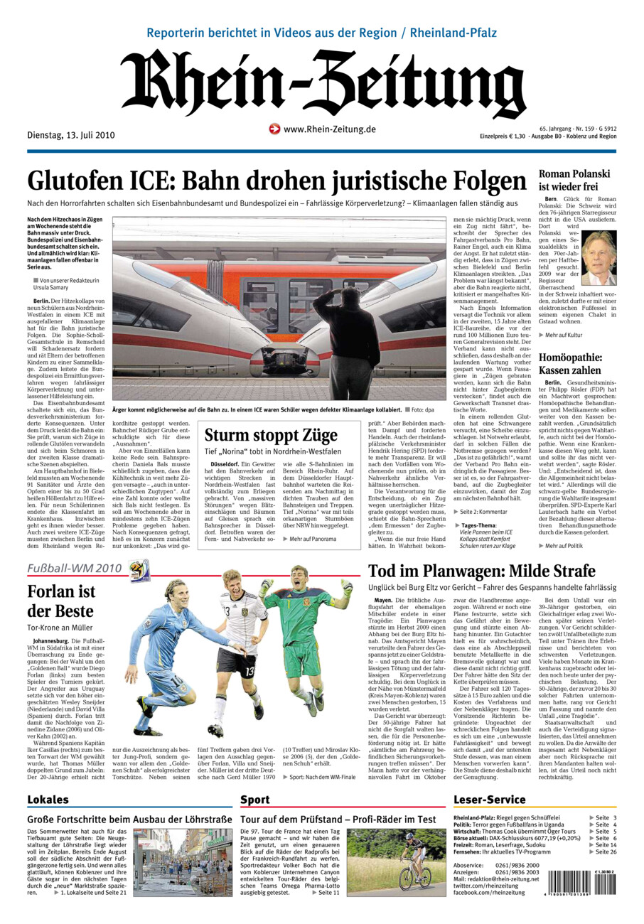 Rhein-Zeitung Koblenz & Region vom Dienstag, 13.07.2010