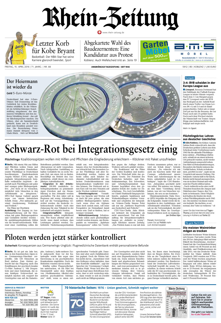 Rhein-Zeitung Koblenz & Region vom Freitag, 15.04.2016