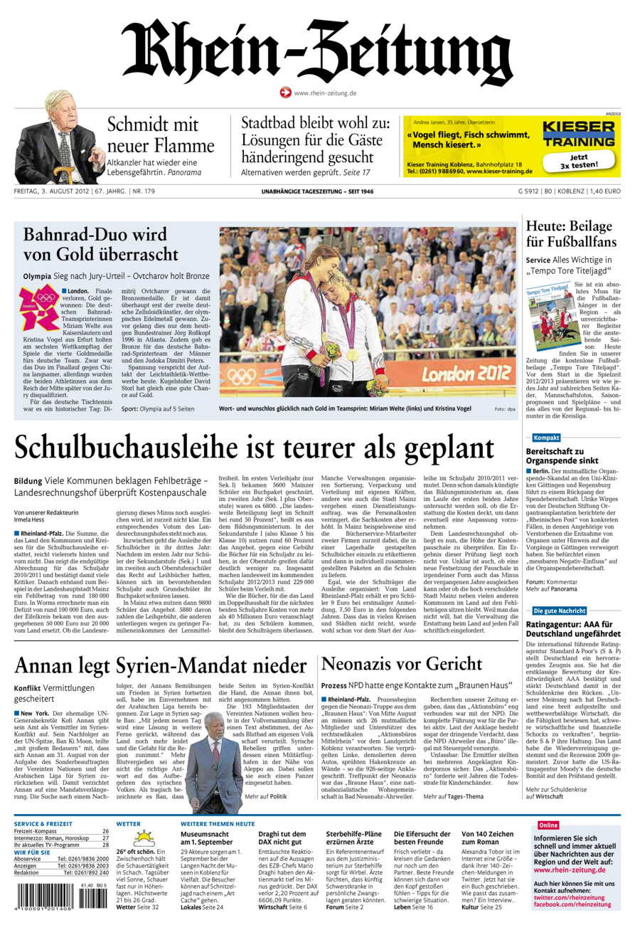 Rhein-Zeitung Koblenz & Region vom Freitag, 03.08.2012
