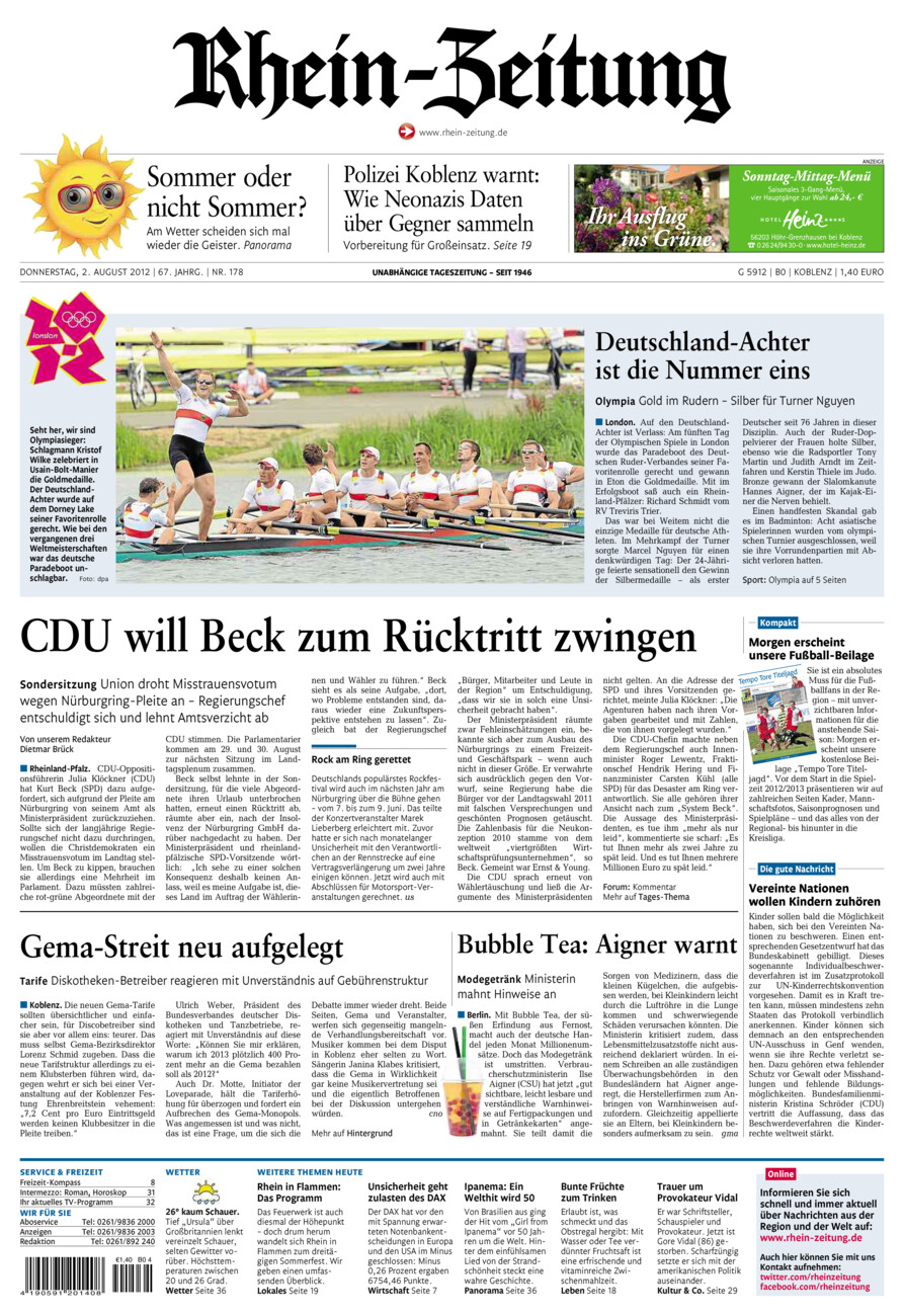 Rhein-Zeitung Koblenz & Region vom Donnerstag, 02.08.2012