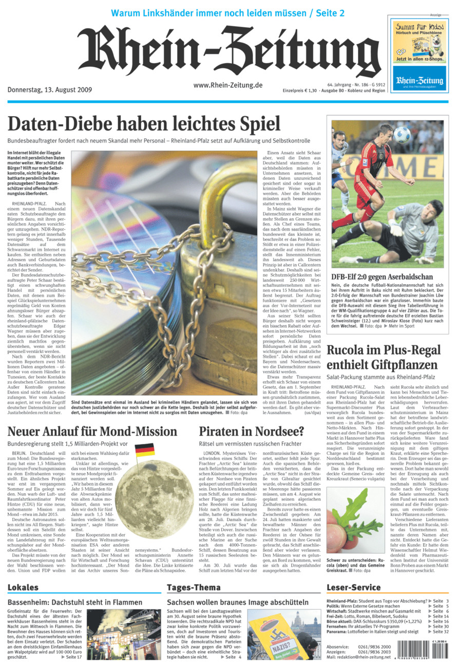 Rhein-Zeitung Koblenz & Region vom Donnerstag, 13.08.2009