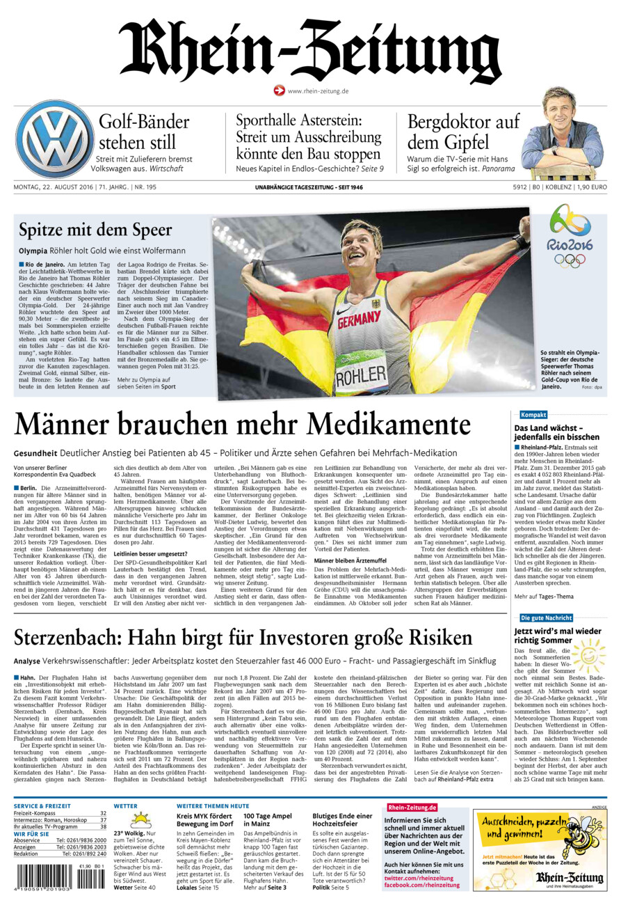 Rhein-Zeitung Koblenz & Region vom Montag, 22.08.2016