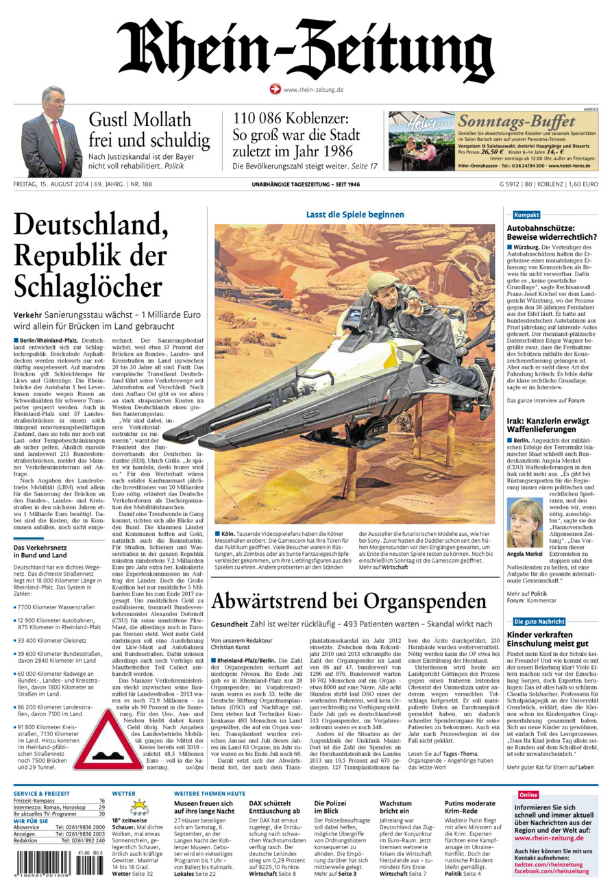 Rhein-Zeitung Koblenz & Region vom Freitag, 15.08.2014