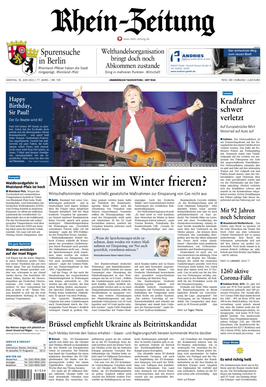 Rhein-Zeitung Koblenz & Region vom Samstag, 18.06.2022