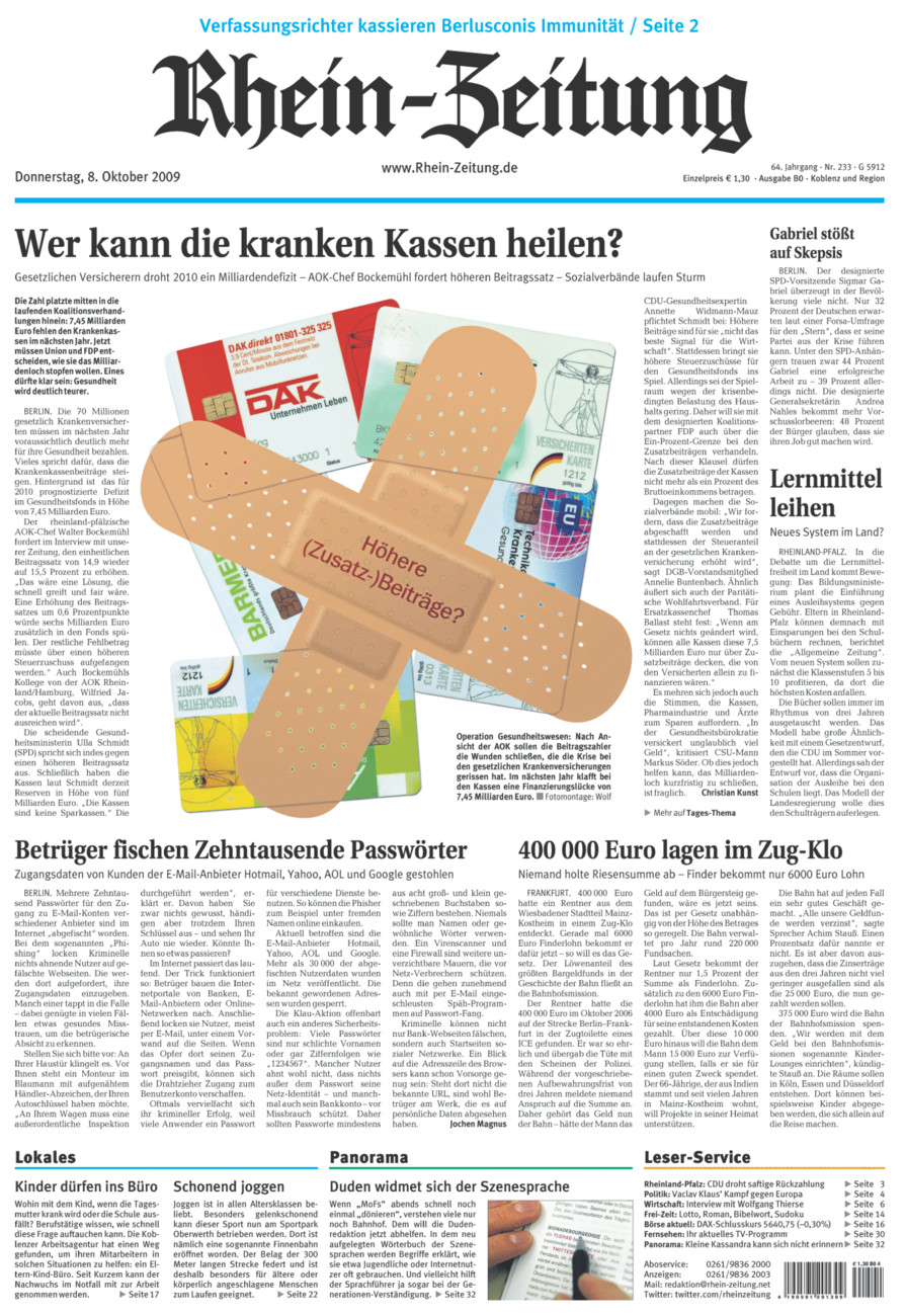 Rhein-Zeitung Koblenz & Region vom Donnerstag, 08.10.2009