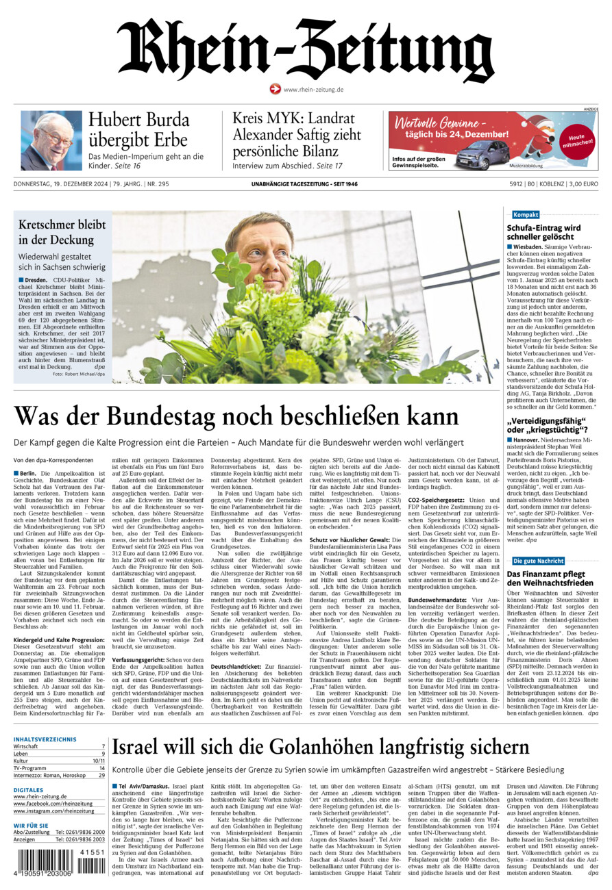 Rhein-Zeitung Koblenz & Region vom Donnerstag, 19.12.2024