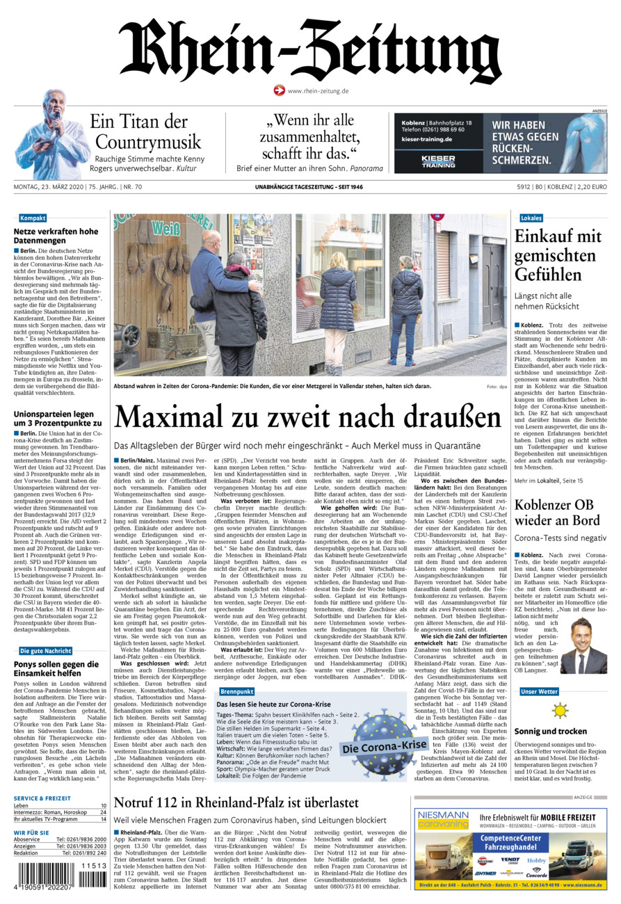 Rhein-Zeitung Koblenz & Region vom Montag, 23.03.2020