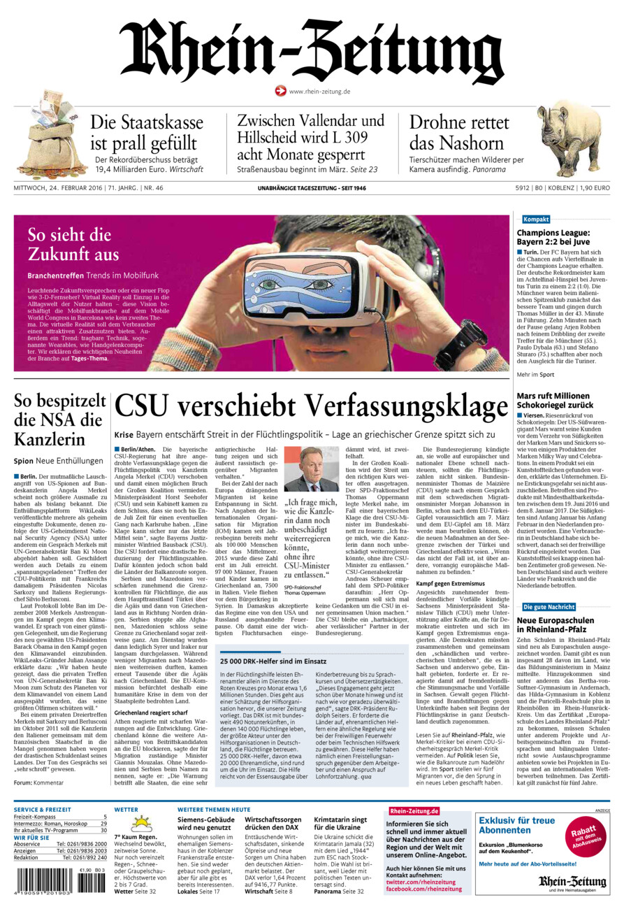 Rhein-Zeitung Koblenz & Region vom Mittwoch, 24.02.2016