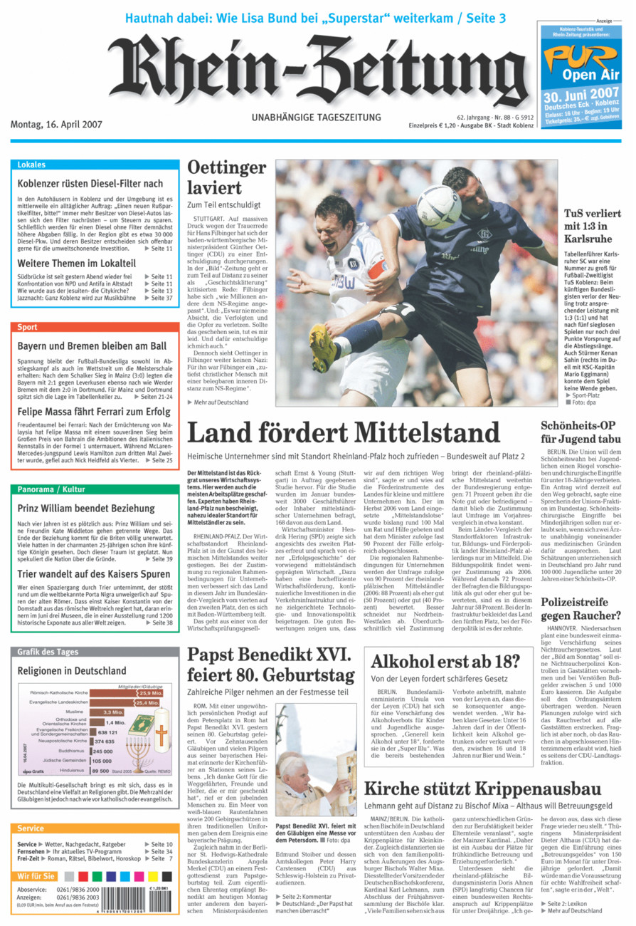 Rhein-Zeitung Koblenz & Region vom Montag, 16.04.2007