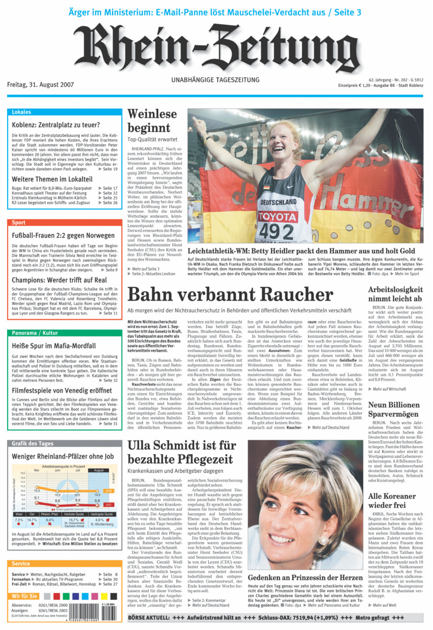 Rhein-Zeitung Koblenz & Region vom Freitag, 31.08.2007