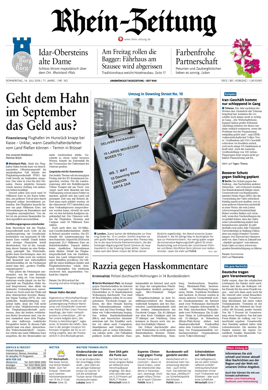 Rhein-Zeitung Koblenz & Region vom Donnerstag, 14.07.2016