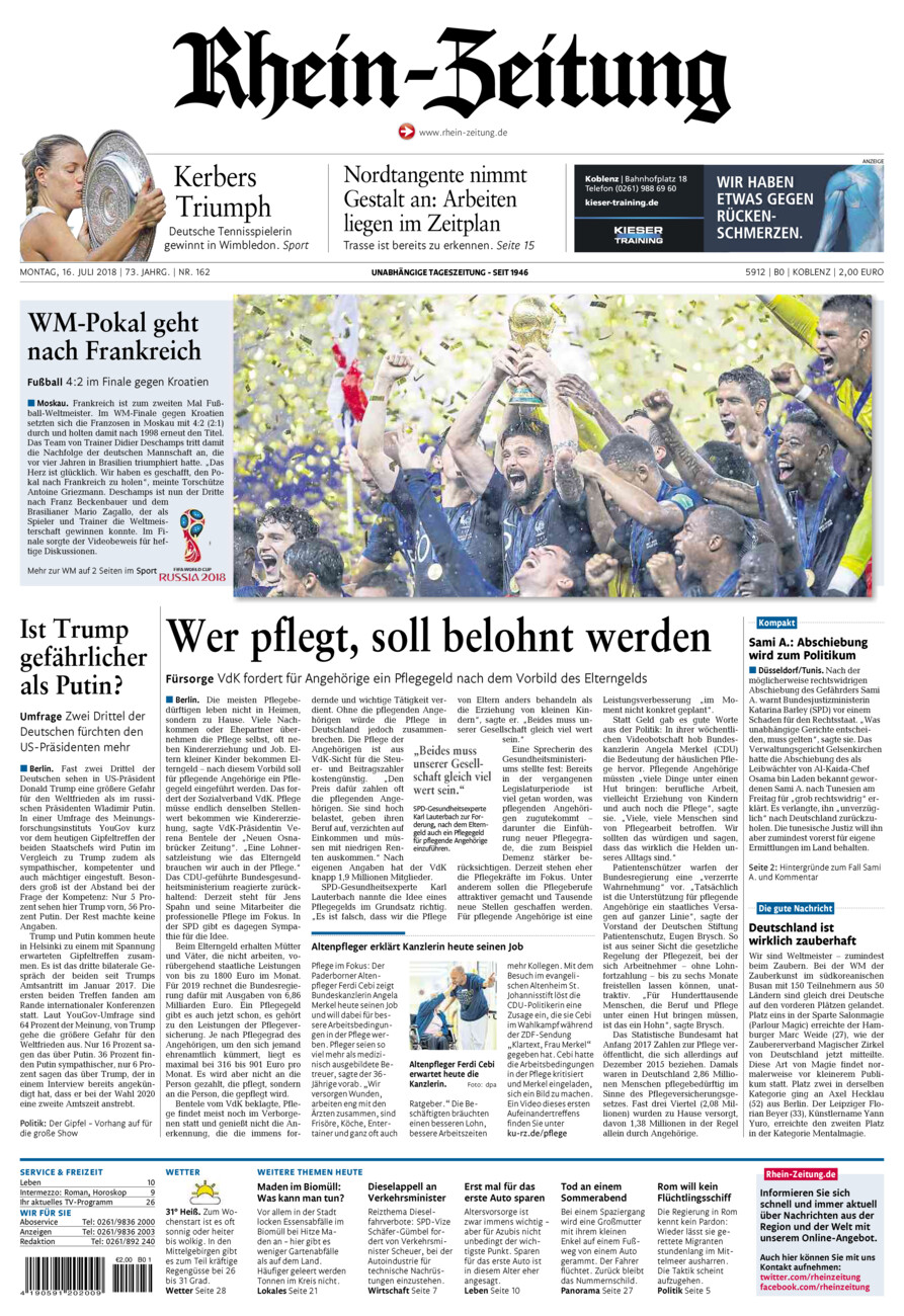 Rhein-Zeitung Koblenz & Region vom Montag, 16.07.2018