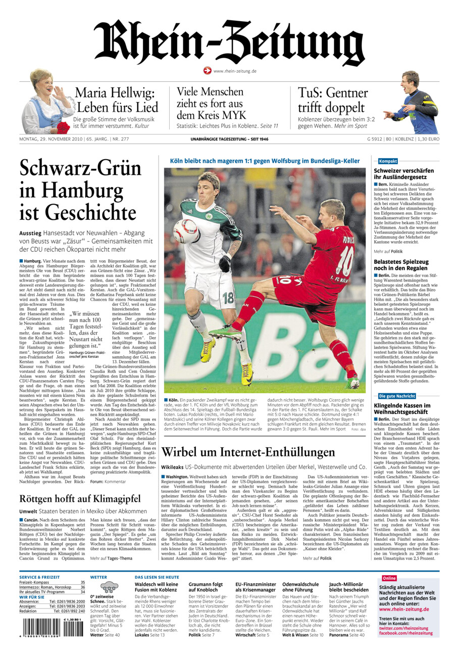 Rhein-Zeitung Koblenz & Region vom Montag, 29.11.2010