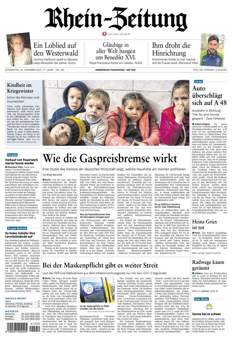 Rhein-Zeitung Koblenz & Region vom Donnerstag, 29.12.2022