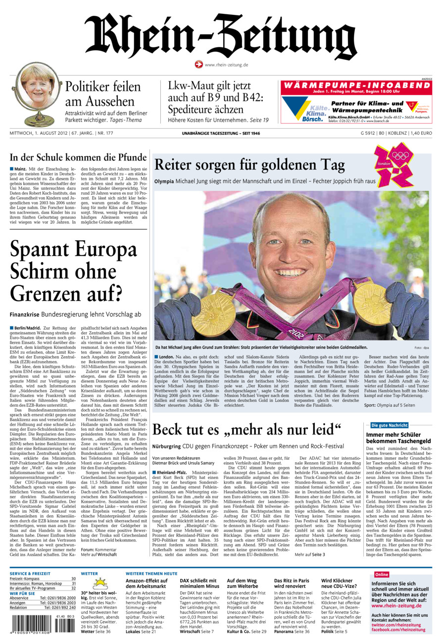 Rhein-Zeitung Koblenz & Region vom Mittwoch, 01.08.2012