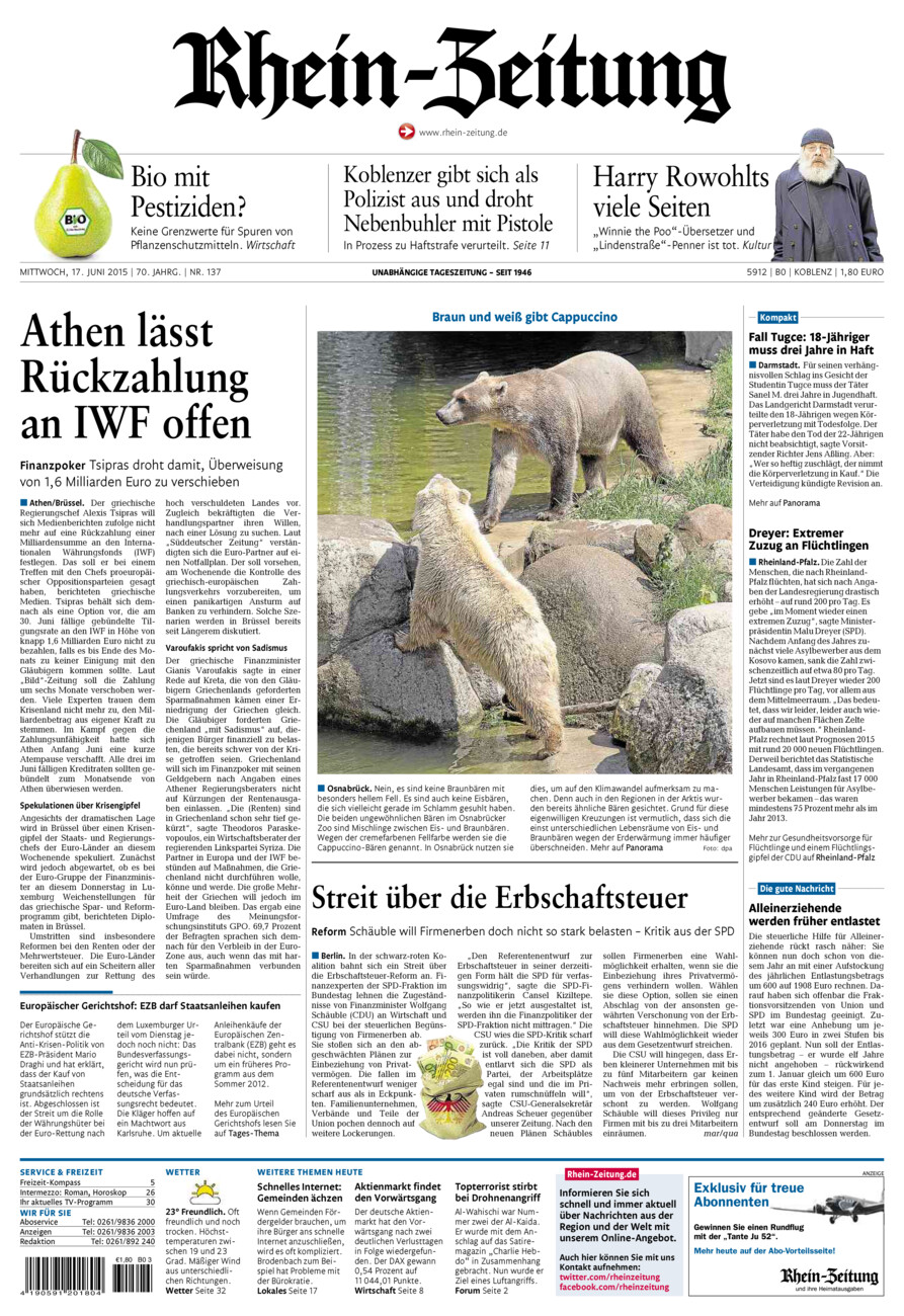 Rhein-Zeitung Koblenz & Region vom Mittwoch, 17.06.2015