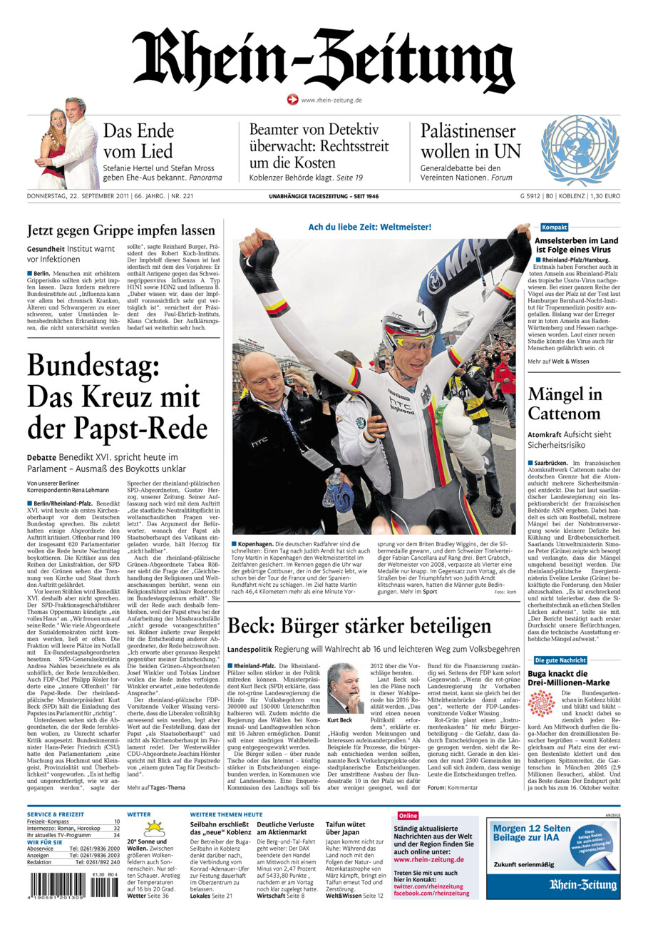 Rhein-Zeitung Koblenz & Region vom Donnerstag, 22.09.2011