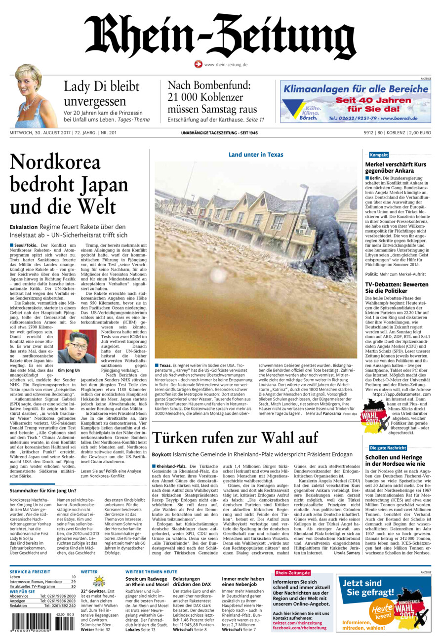 Rhein-Zeitung Koblenz & Region vom Mittwoch, 30.08.2017