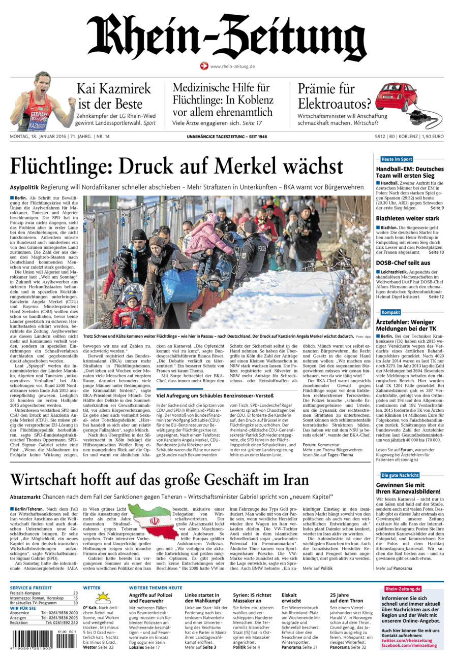 Rhein-Zeitung Koblenz & Region vom Montag, 18.01.2016